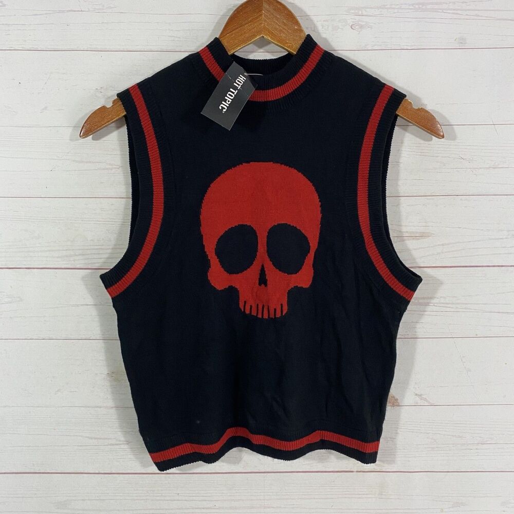 Hot Topic Womens Red Skull Sweater Vest Sz Small Black/Red Pullover Acrylic New